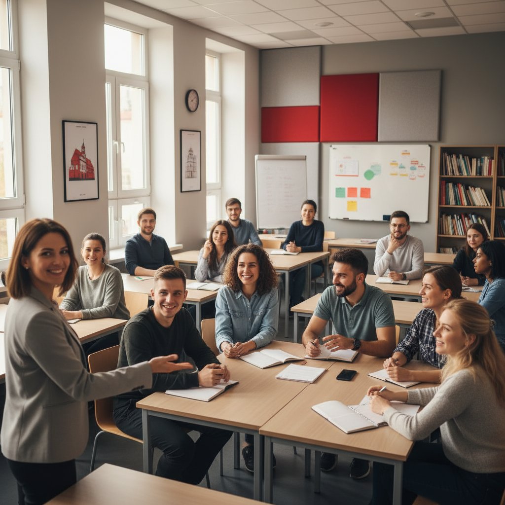 Zajęcia z języka polskiego dla imigrantów w Krakowie - grupa kursantów podczas lekcji